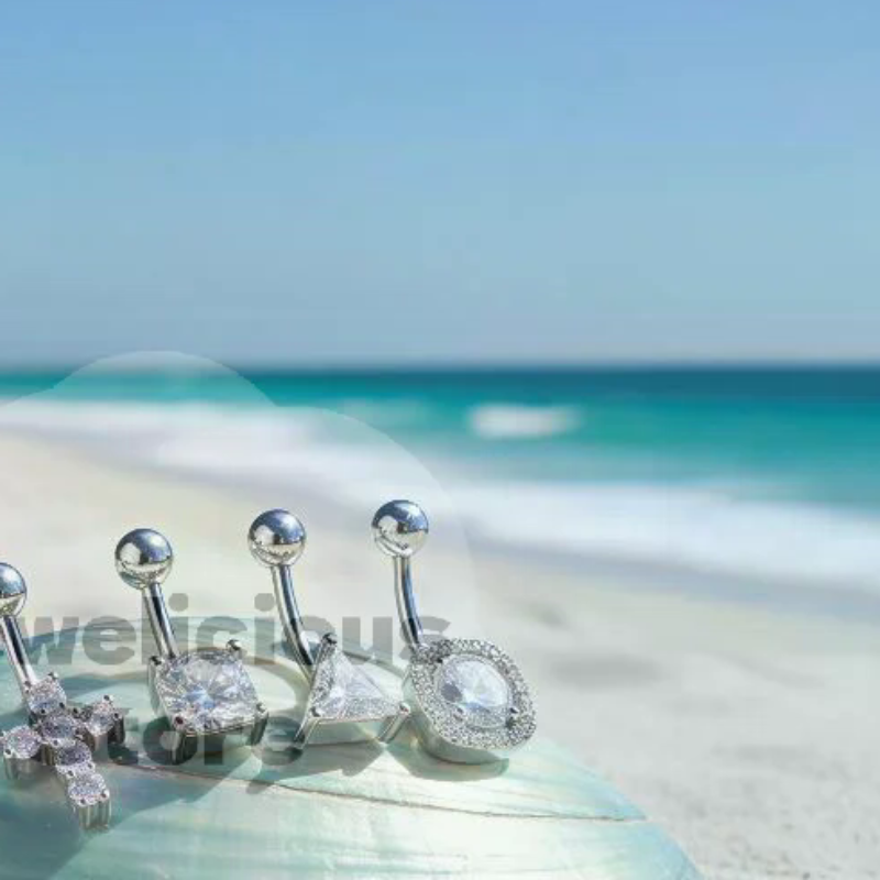 Body Jewelry Types - Paslanmaz Çelik Göbek Halkası, Simli Kübik