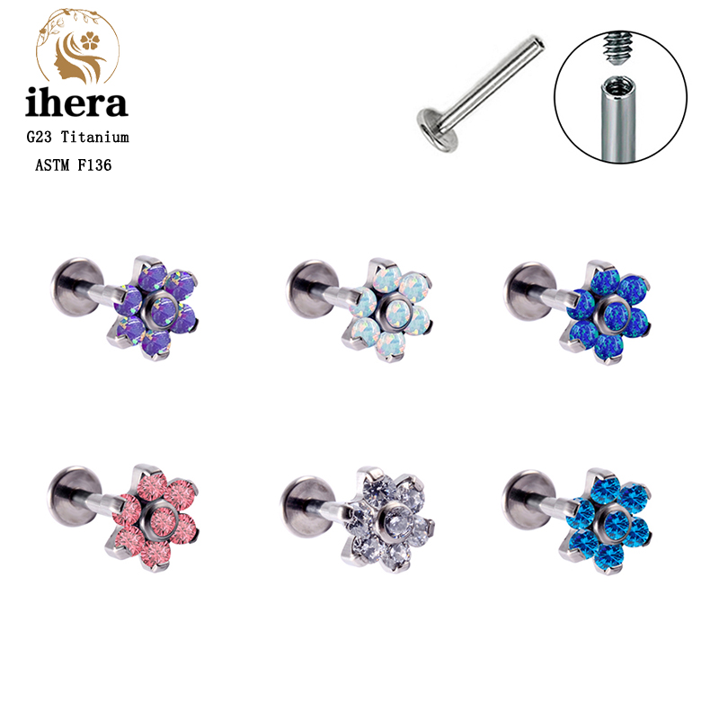 Body Jewelry Labret - G23 Titanyum Opal Çiçekli Piercing Küpe